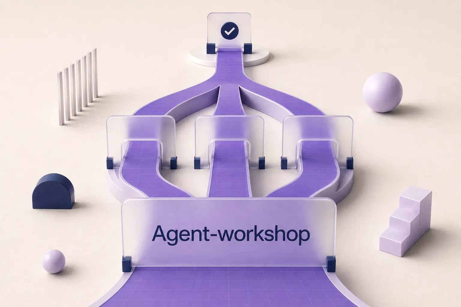 3D-illustration af et kontrolleret agentflow med parallelle stier gennem glasportaler og et godkendelsespunkt