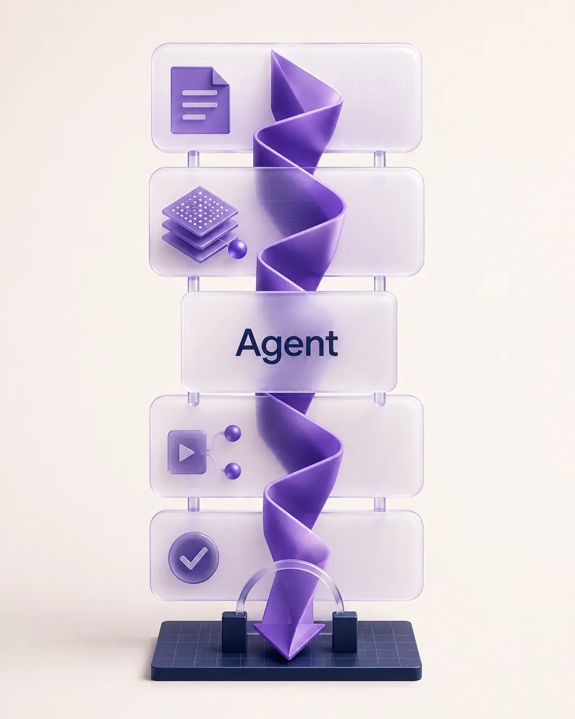 3D-illustration af en agentarbejdsgang med dokumenter, databehandling og godkendelse