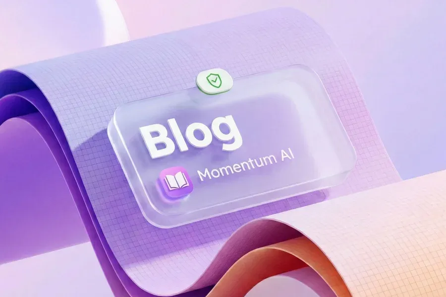 3D-illustration af foldede papirbånd med teksten Blog Momentum AI