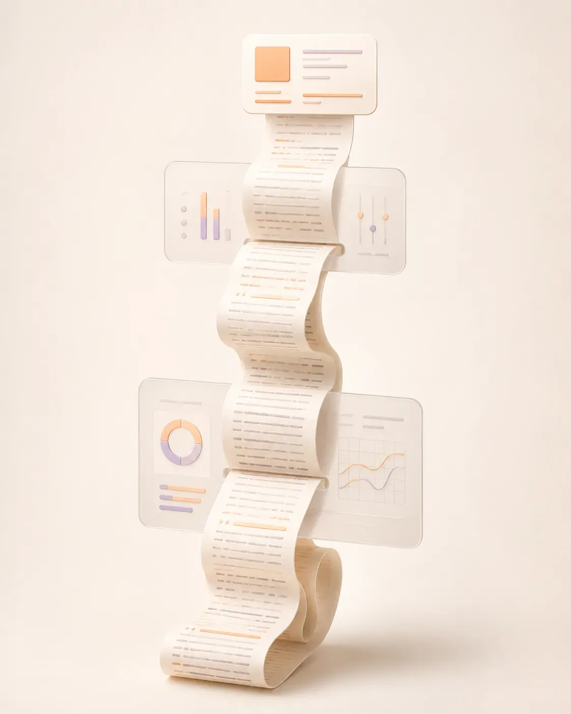 3D-illustration af et langt dokument, der bliver analyseret og samlet i et kort overblik