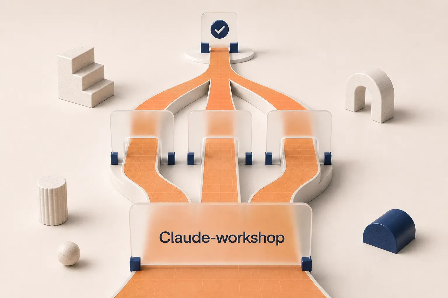 3D-illustration af et kontrolleret workflow med parallelle stier og glasportaler i varm orange