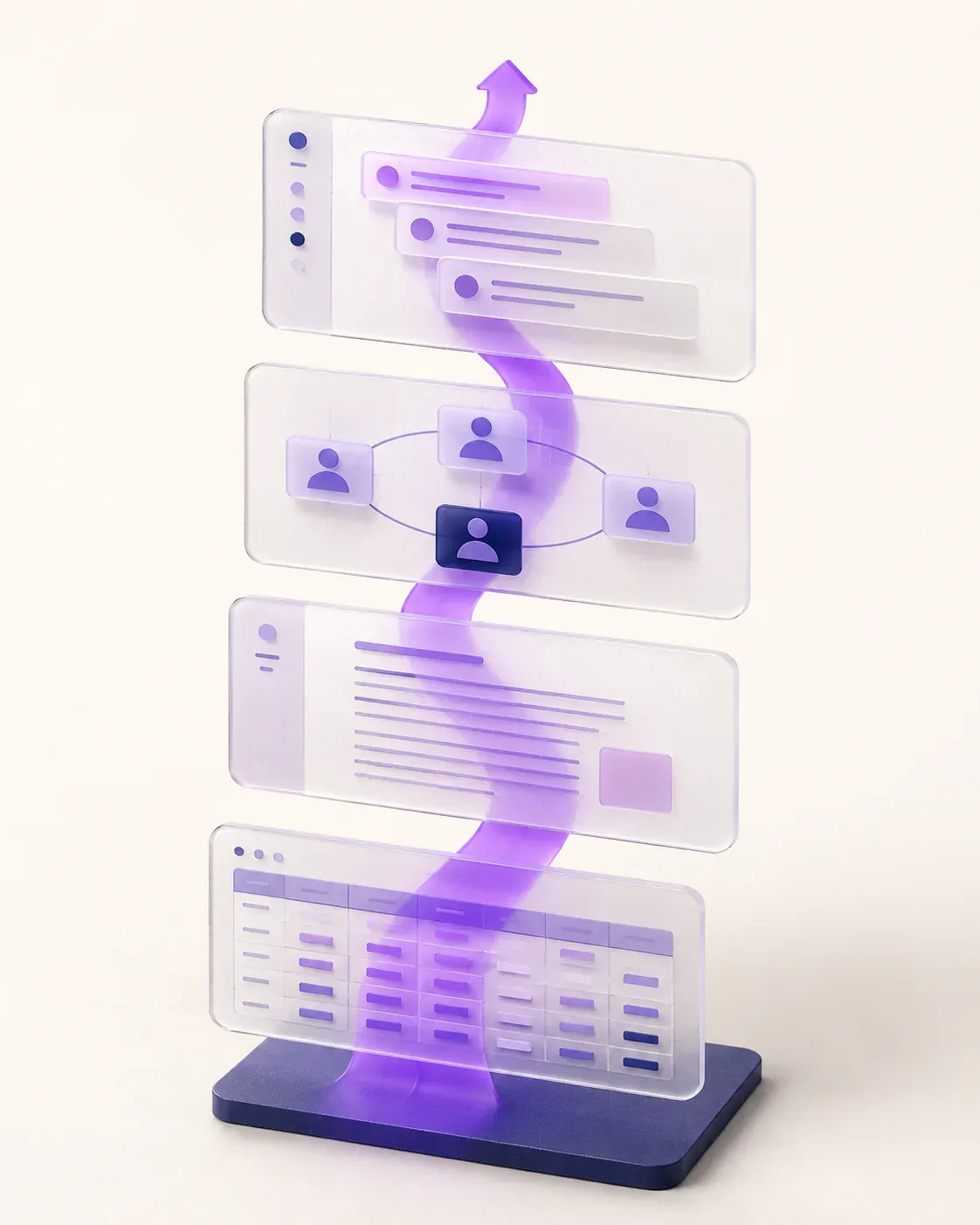 3D-illustration af et arbejdsforløb gennem beskeder, samarbejde, dokumenter og regneark