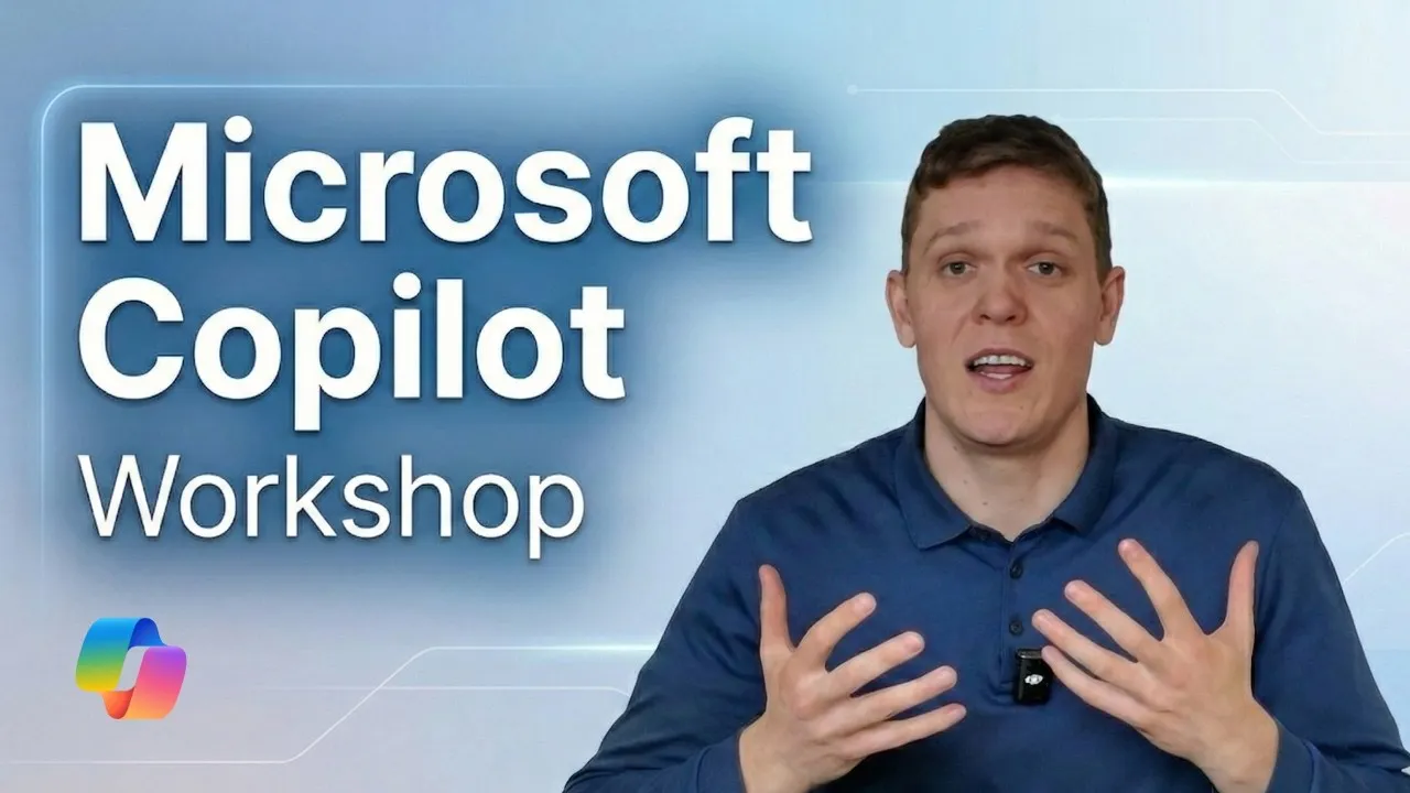 Videoplakat med en underviser og teksten Microsoft Copilot Workshop