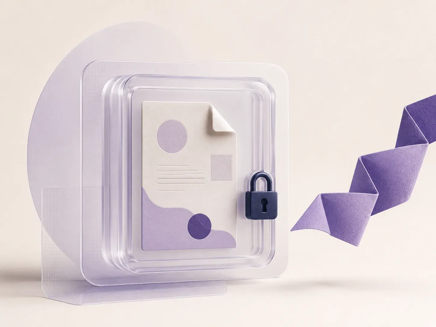 3D-illustration af et dokument beskyttet af en lås i en lukket glasramme