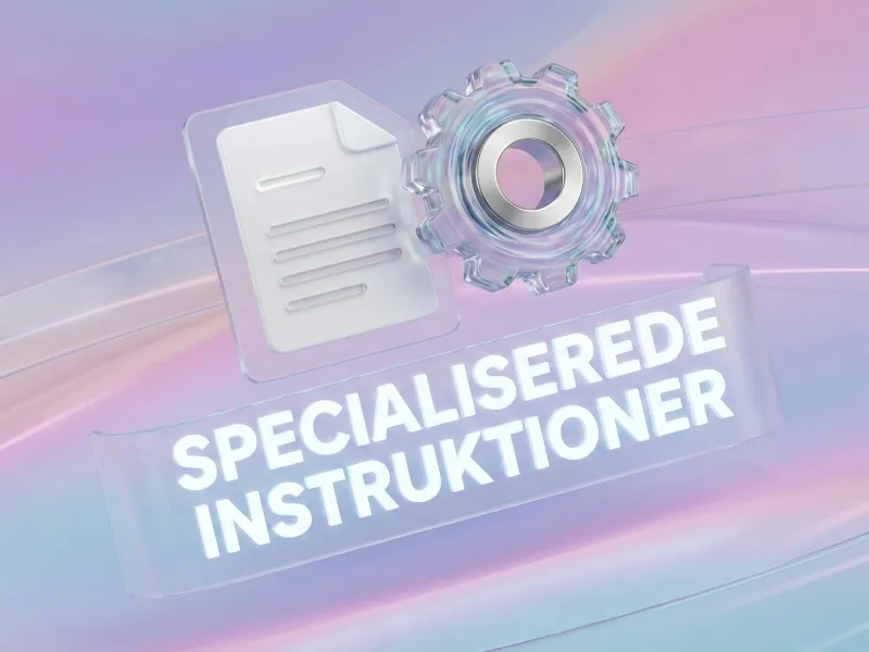 3D-illustration af et dokument, et tandhjul og teksten Specialiserede instruktioner