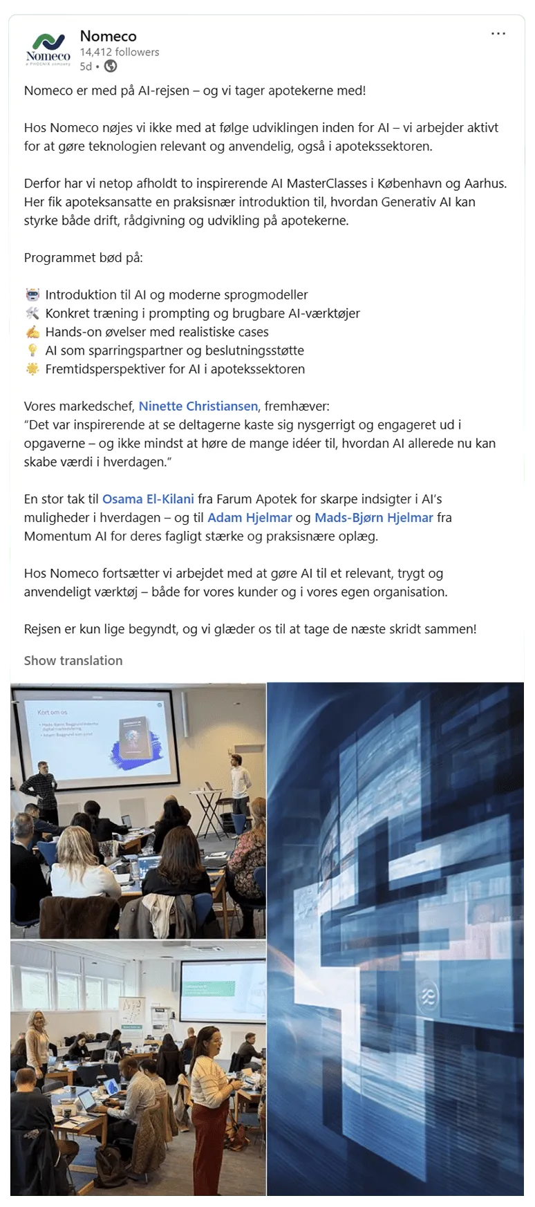 Skærmbillede af Nomecos LinkedIn-opslag om de to AI MasterClasses, afholdt sammen med Momentum AI
