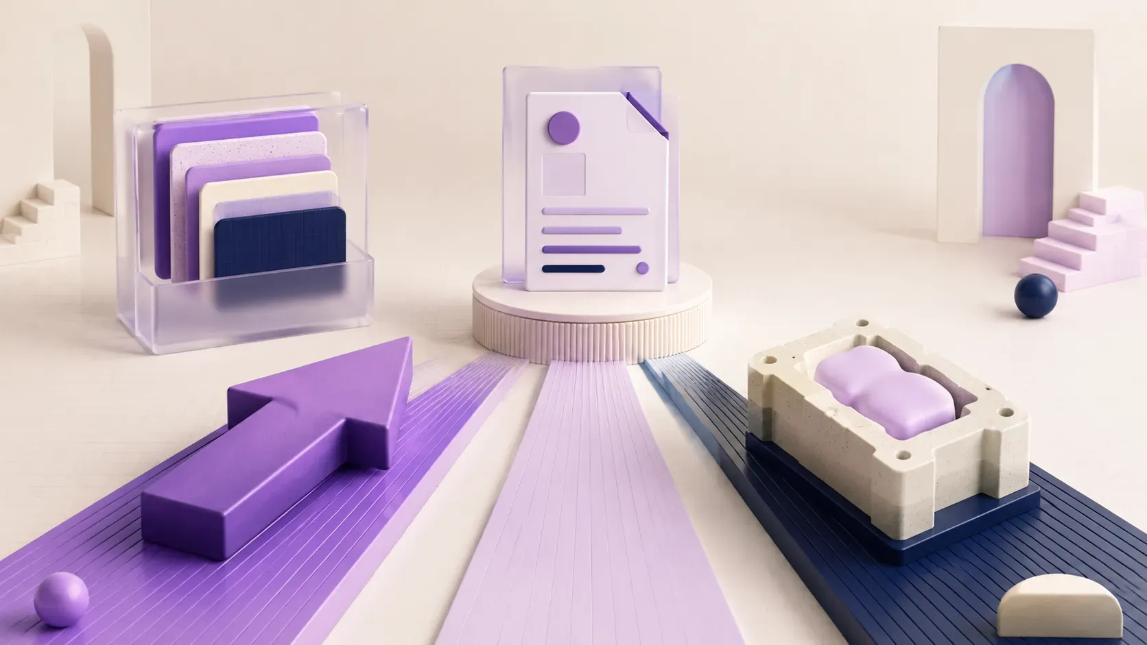 3D-illustration af tre komponenter — en pil, lagdelte kontekstkort og en formgivende skabelon — der mødes i et færdigt dokument