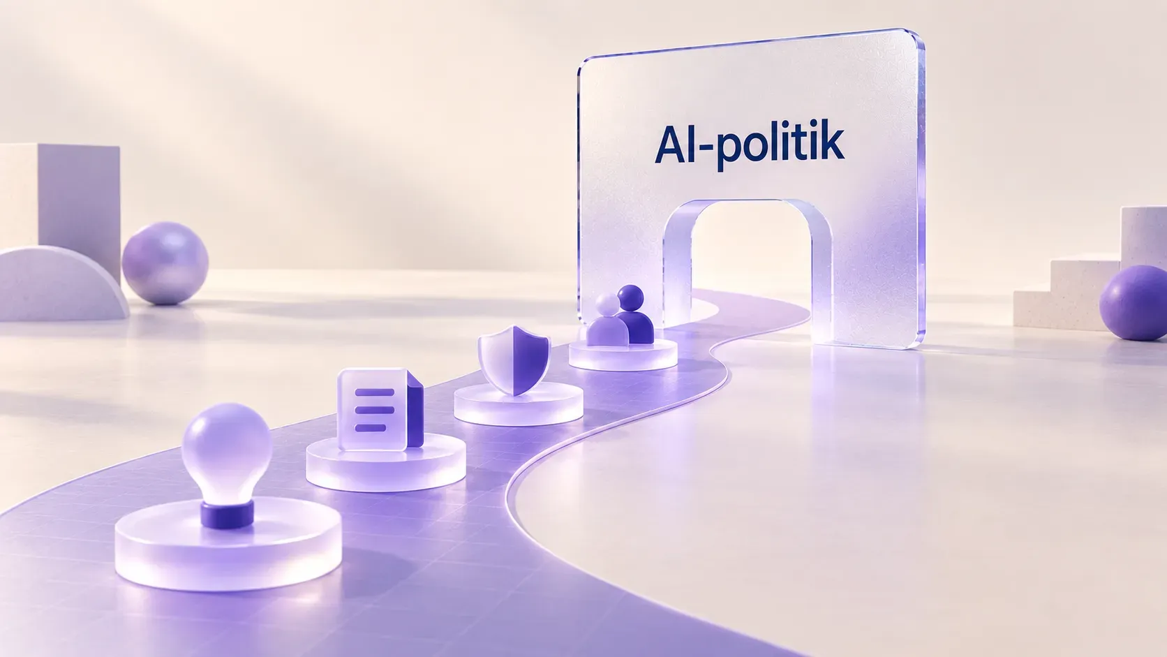 En lilla sti med fire glasplatforme med en pære, et dokument, et skjold og to personikoner, der fører hen til en glasportal med ordet AI-politik