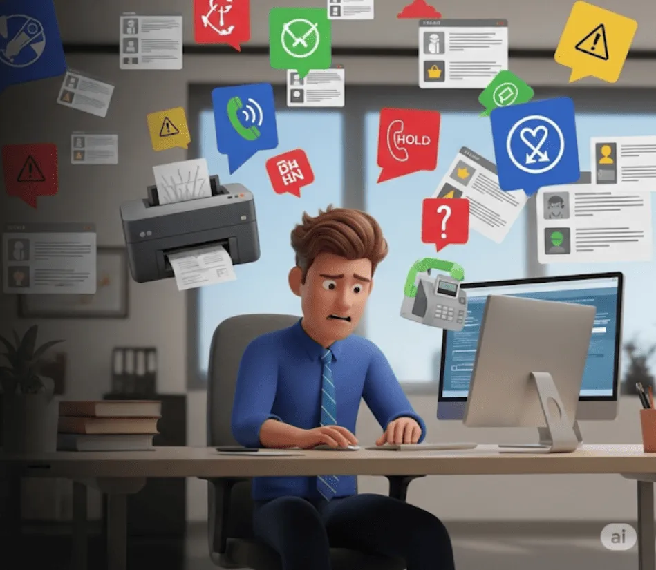 3D-illustration af en frustreret medarbejder omgivet af IT-supporthenvendelser