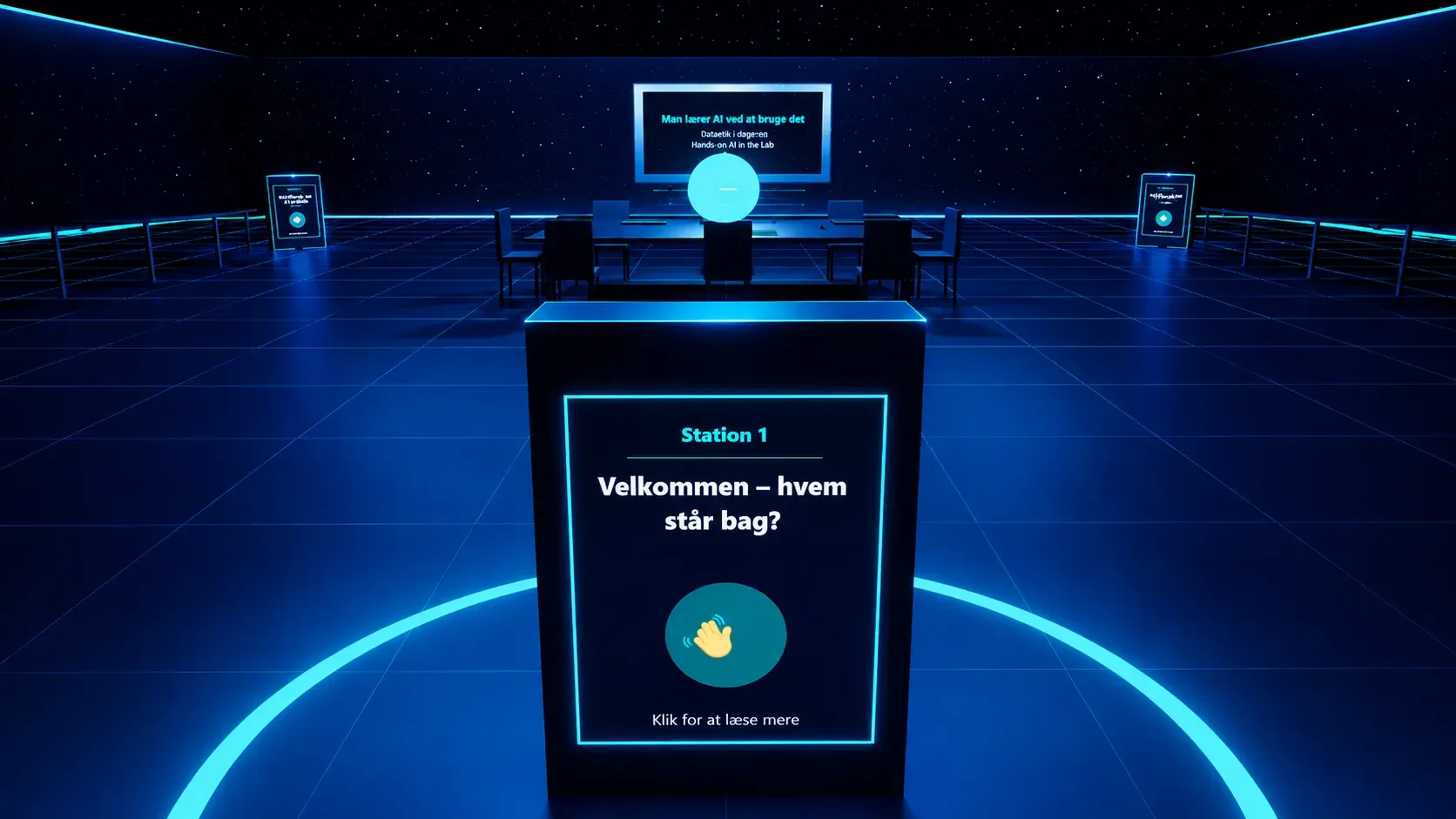 Et mørkt interaktivt 3D-lokale med lysende stationer om generativ AI