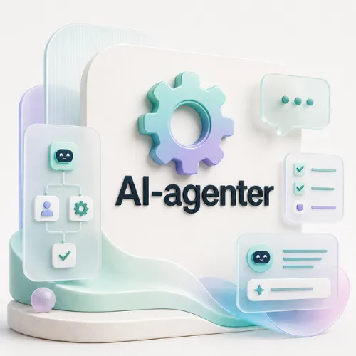 3D-illustration med et tandhjul og teksten AI-agenter, omgivet af ikoner for arbejdsgang og opgaveliste