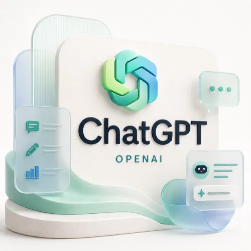 3D-illustration med ChatGPT-logoet og teksten ChatGPT OpenAI, omgivet af chat- og dokumentikoner