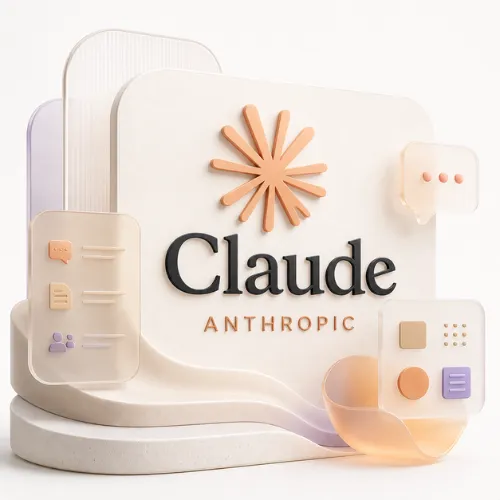 3D-illustration med Claude-logoet og teksten Claude Anthropic, omgivet af chat- og dokumentikoner
