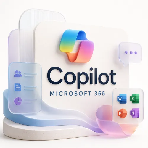 3D-illustration med Microsoft Copilot-logoet og teksten Copilot Microsoft 365, omgivet af ikoner for Word, Excel, PowerPoint og OneNote