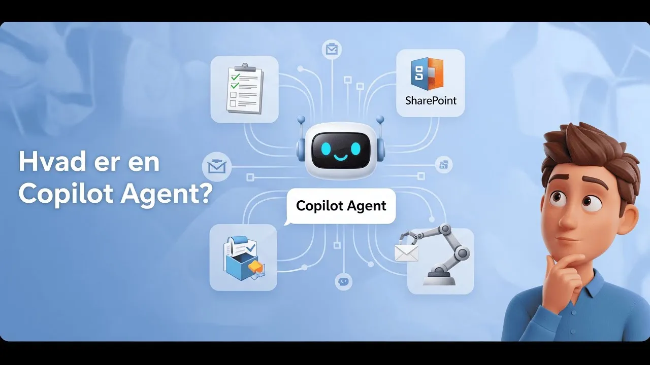 Videoplakat med en Copilot-agent og teksten Hvad er en Copilot Agent?