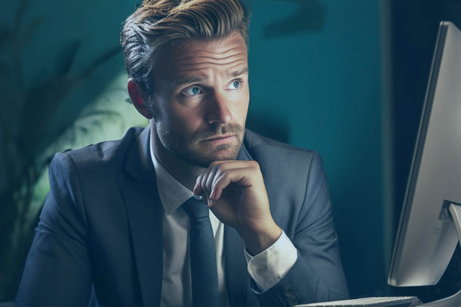 Calm danish businessman, looking at a computer screen, relaxed, realistic photograph