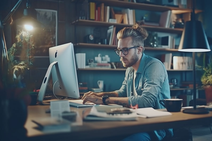 A man looking at a computer screen feeling inspired