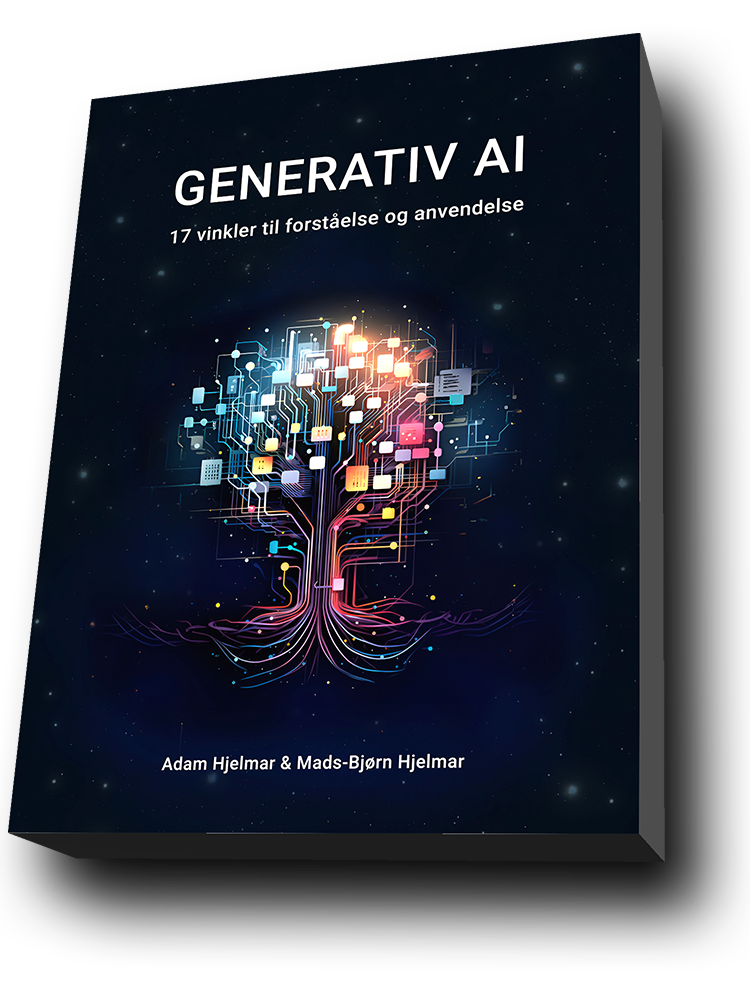 Forside af 'Generativ AI' af Adam og Mads-Bjørn Hjelmar, en dybdegående guide til forståelse og anvendelse af generativ kunstig intelligens, med fokus på sprogmodeller som ChatGPT og deres rolle i moderne samfund