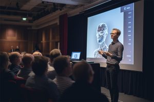 Dansk konference om AI med en mand der holder et oplæg.
