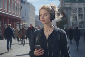 En dansk kvinde i et opkald, øretelefoner, Københavns gade om foråret, folk der går forbi, fotorealisme