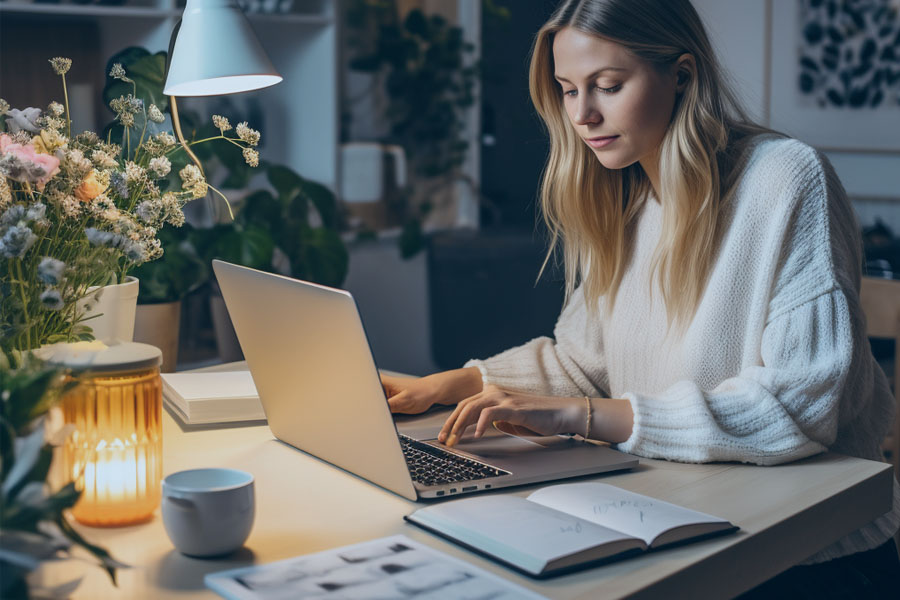 A Danish woman working at a home office, laptop on table, Scandinavian design