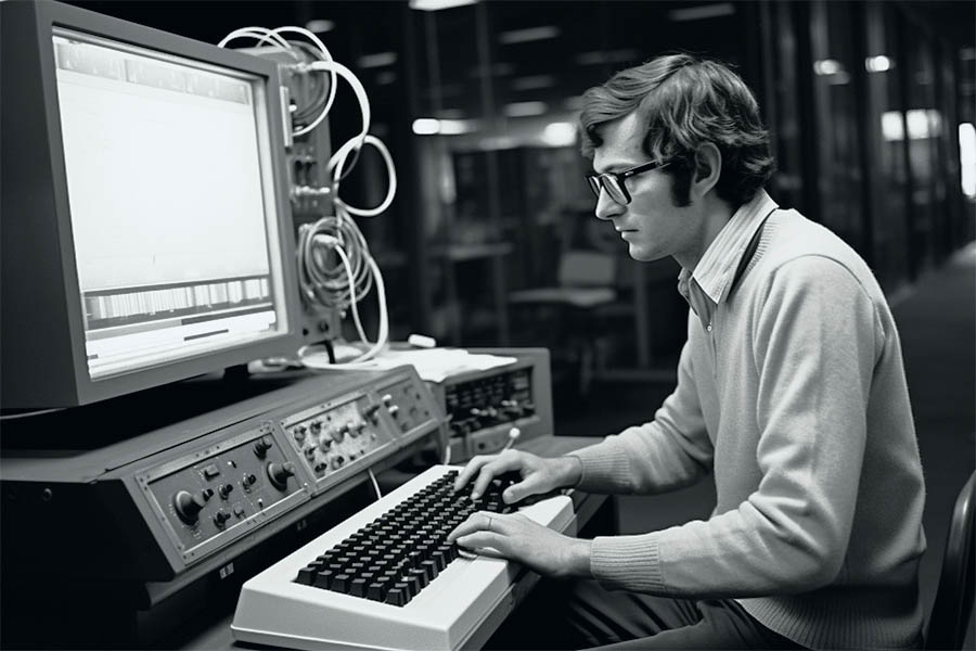 Historical black and white photograph from 1967 showing Joseph Weizenbaum working on the computer program Eliza