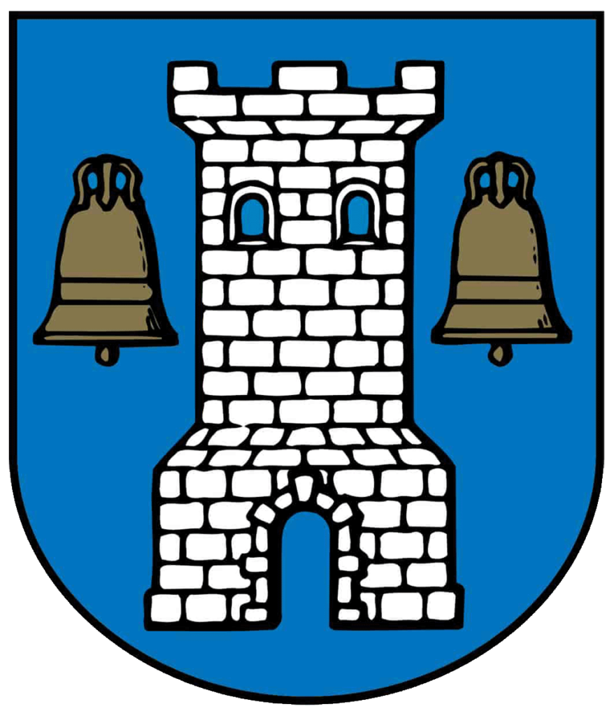 Tårnby Kommunes logo med et hvidt murstenstårn flankeret af to gyldne klokker på blå baggrund
