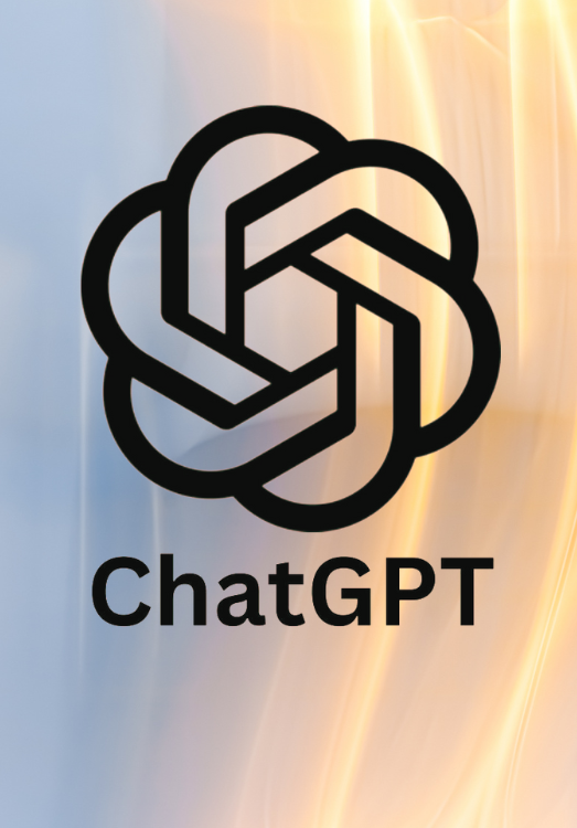 ChatGPT-logo med sort symbol og tekst på en blå og gylden abstrakt baggrund