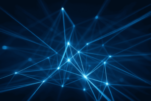 AI-netværk med glødende forbindelser og sløret baggrund der symboliserer en sprogmodel