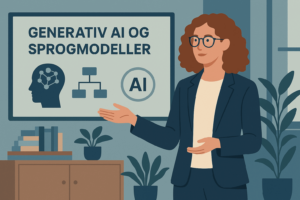 Digital minimalistisk illustration af en dansk kvinde med krøllet rødbrunt hår og briller, der præsenterer et oplæg om generativ AI og sprogmodeller i et moderne, skandinavisk inspireret hjemmemiljø.