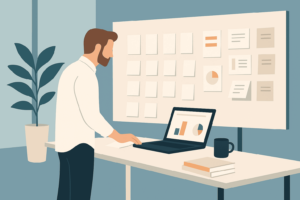 Illustration af mand der arbejder ved laptop med grafer og data, foran whiteboard med noter og diagrammer – kontormiljø med plante og bøger