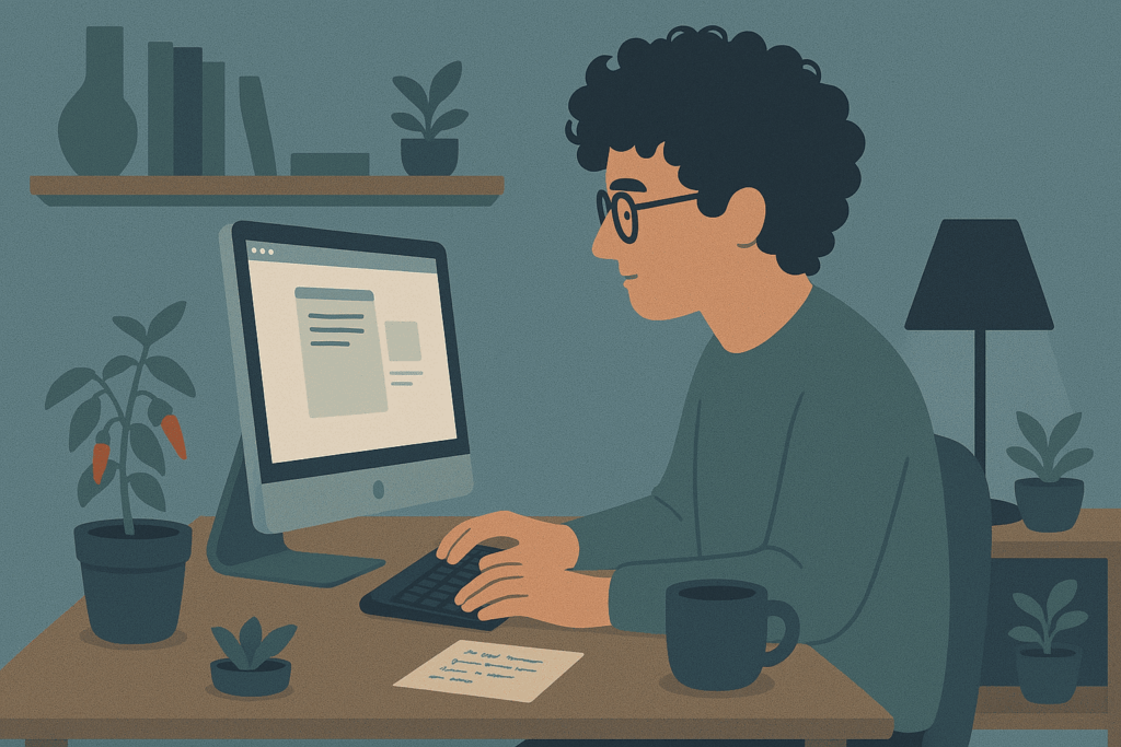 Illustration af en ung mand med krøllet hår og briller, der arbejder koncentreret med ChatGPT ved en computer i et minimalistisk indrettet hjemmekontor med nordisk design, dæmpede blå nuancer, planter og naturligt træ.