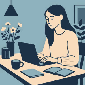 Minimalistisk illustration af ung kvinde, der arbejder på laptop ved skrivebord med planter og notesbog