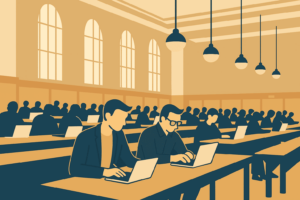 Minimalistisk illustration af forelæsningssal med studerende ved bærbare computere