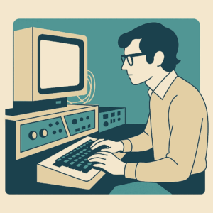 Minimalistisk illustration af retroprogrammør ved gammel computer med CRT-skærm